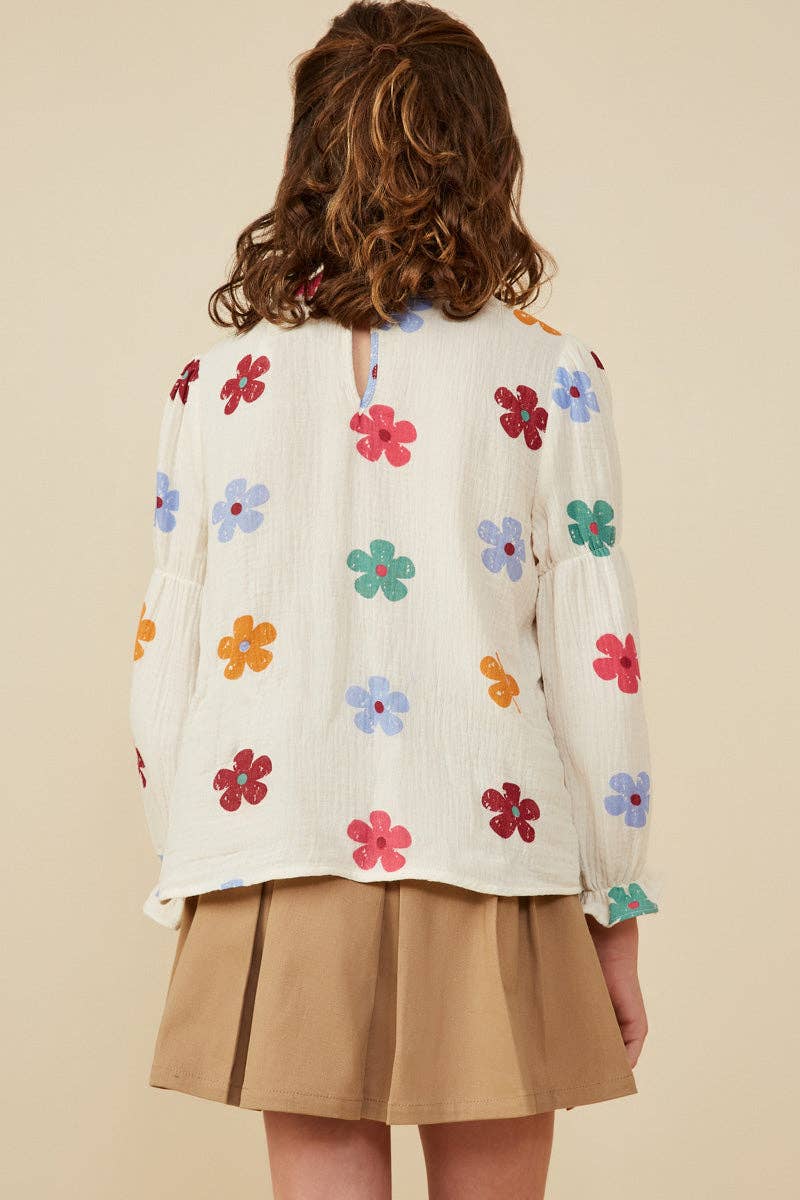 Girls Floral Print Gauze Peasant Top