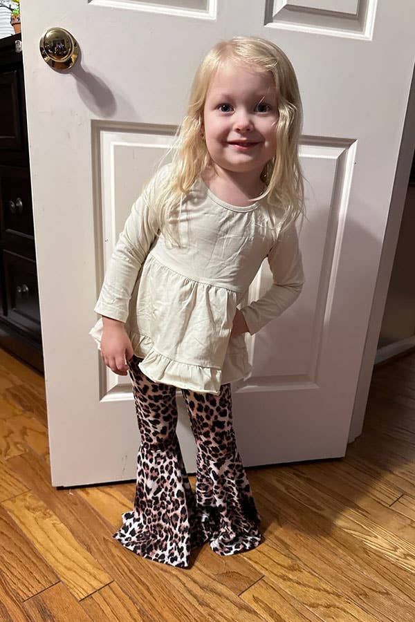 Beige High-Low Top and Leopard Pant Girls Set