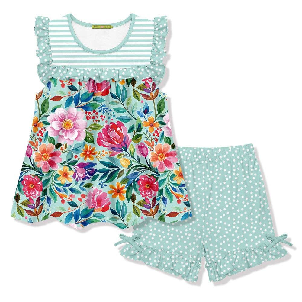 Becky Floral Ruffle Top & Shorts, bow shorts, floral, set, sleeveless, girls