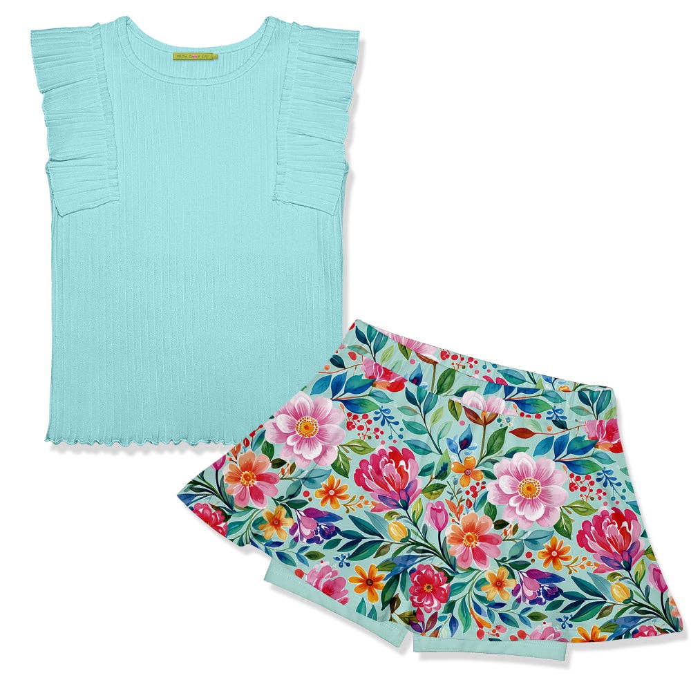 Girls Sleeveless Top & Floral Skort Set, Skort, Girls Set, clothing, girls, skort, sleeveless, top, ruffle