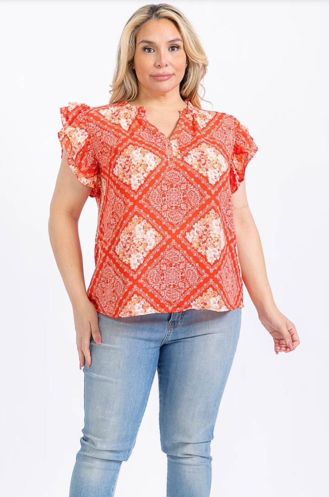 Plus Size Ruffle Sleeve Multi Print Blouse