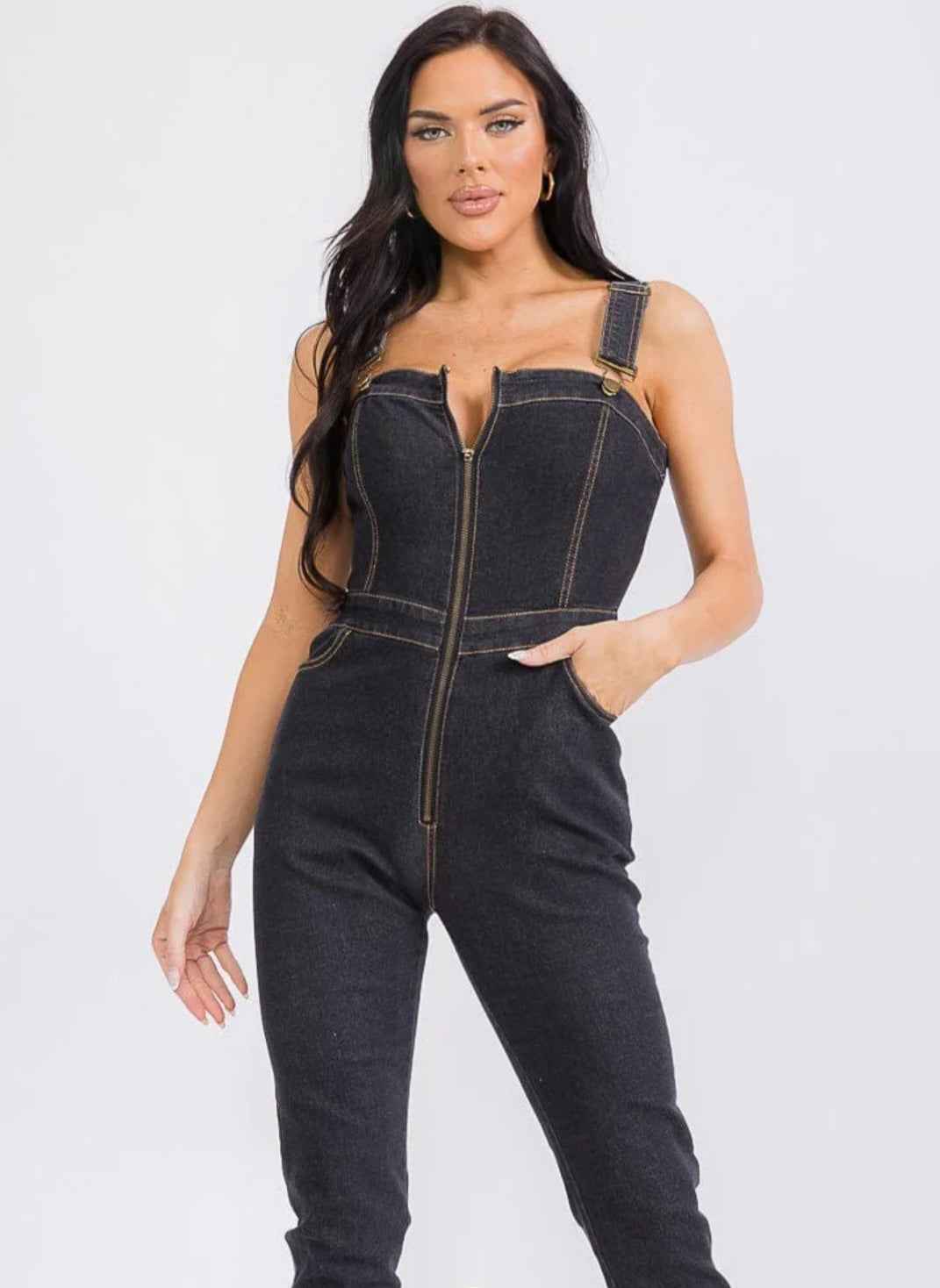 WOMEN'S SLEEVELESS ZIP UP FRONT POCKETS STRETCH DENIM JUMPSUIT