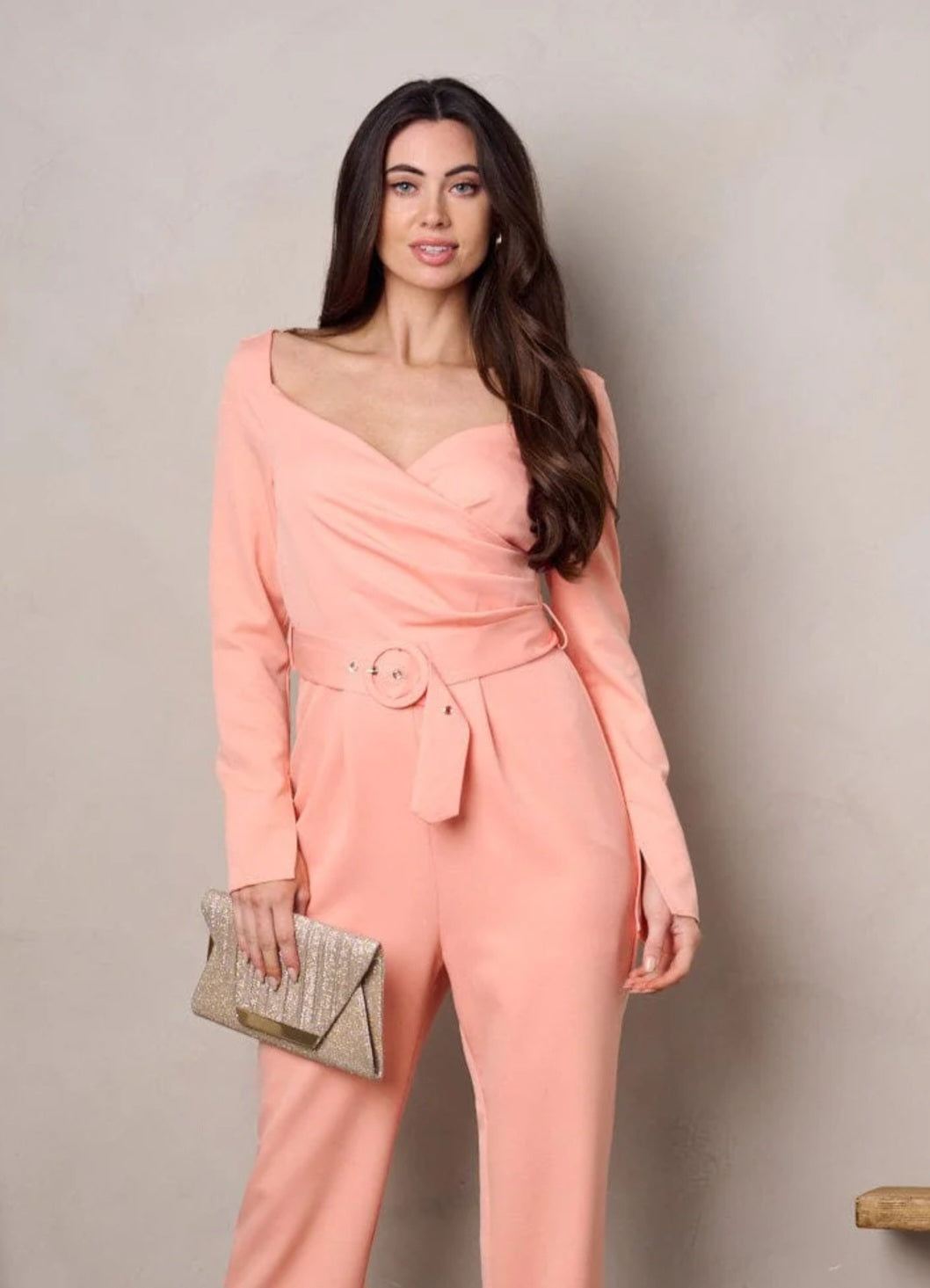 WOMEN'S SURPLICE BELTED SMOCK WIDE LEG JUMPSUIT