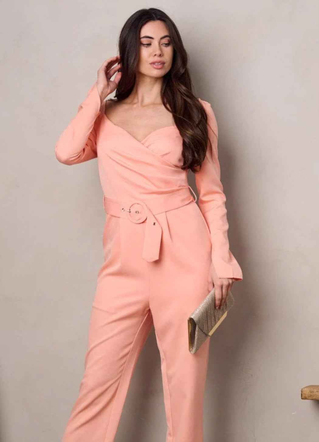 WOMEN'S SURPLICE BELTED SMOCK WIDE LEG JUMPSUIT
