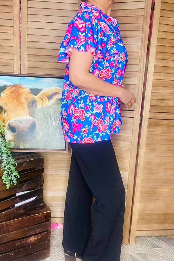 Floral Blue Ruffle Bell Sleeve Top