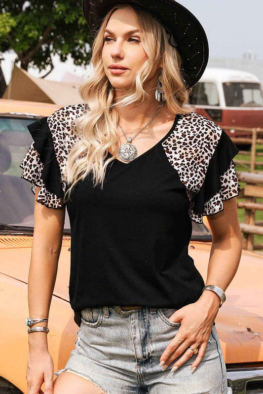 Western Leopard Patchwork Ruffled Sleeve T Shirt-Missy