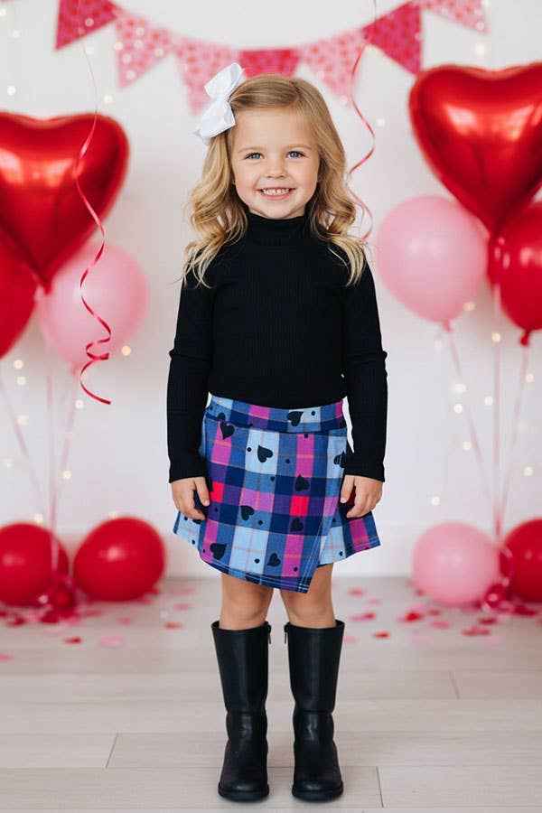 Black knitted top plaid & heart skirt girls set DLH2840