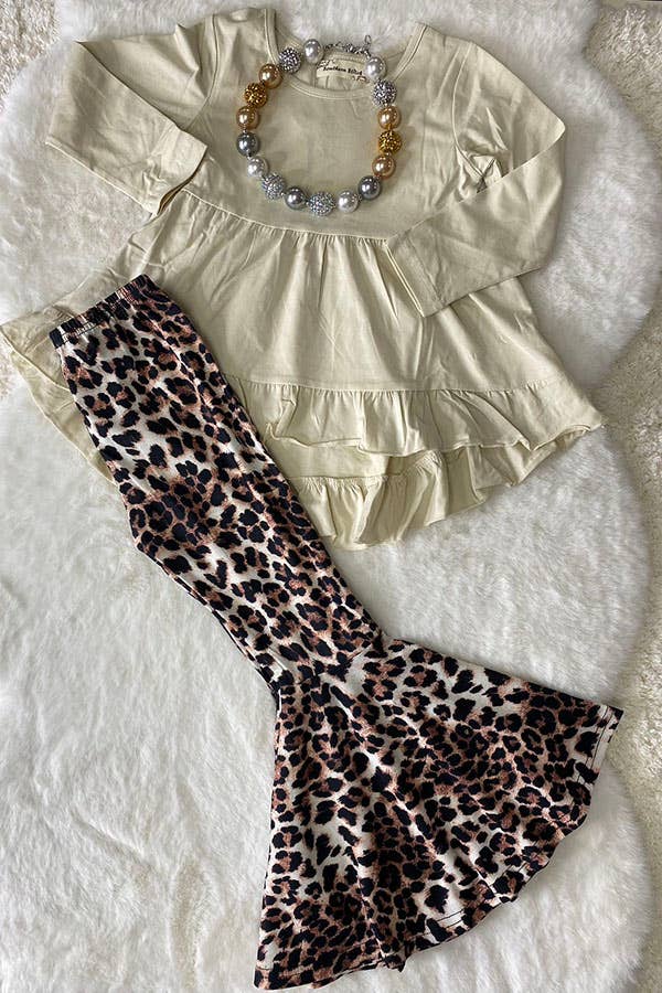 Beige High-Low Top and Leopard Pant Girls Set