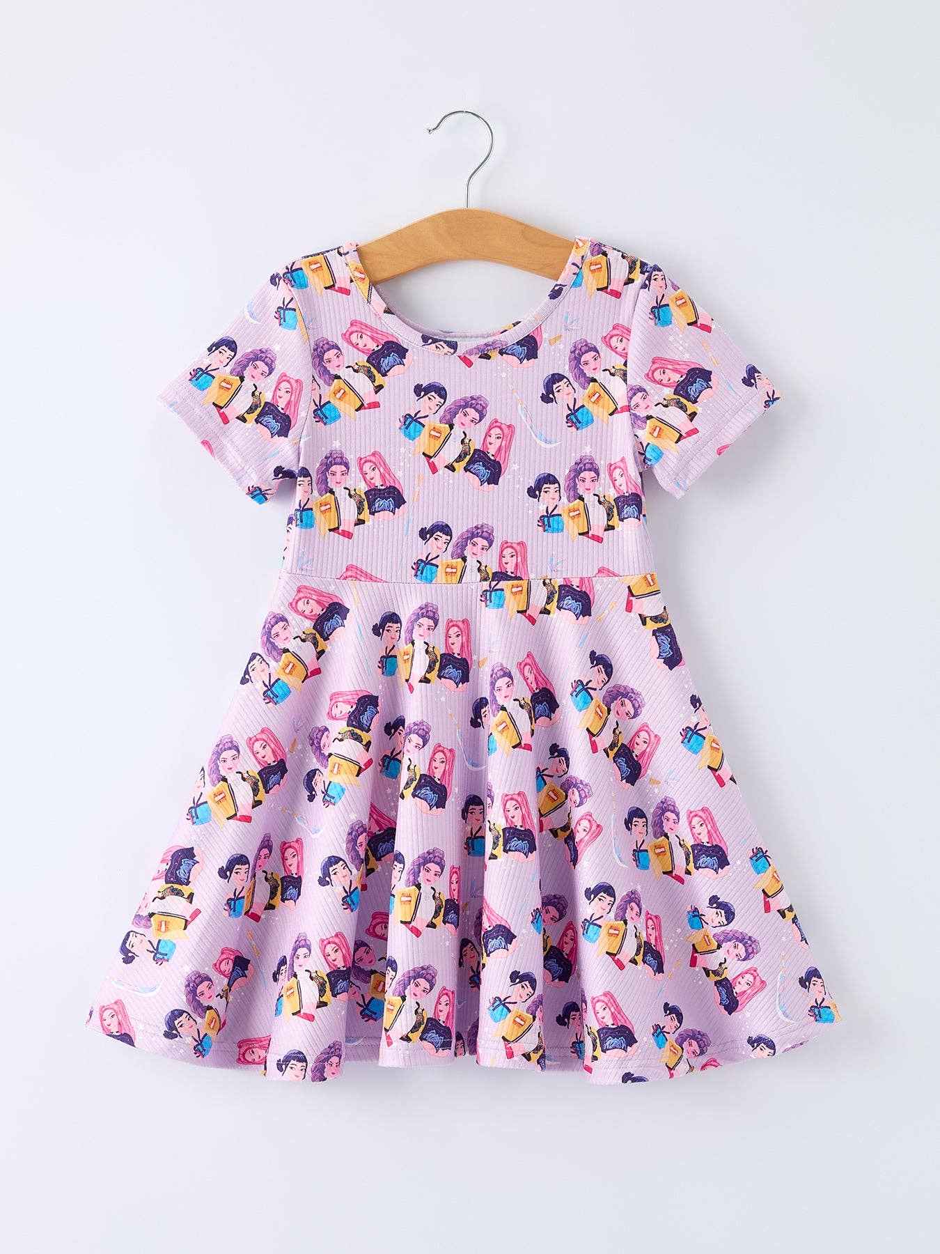 Girls Purple Print Short Sleeve Twirl Dress