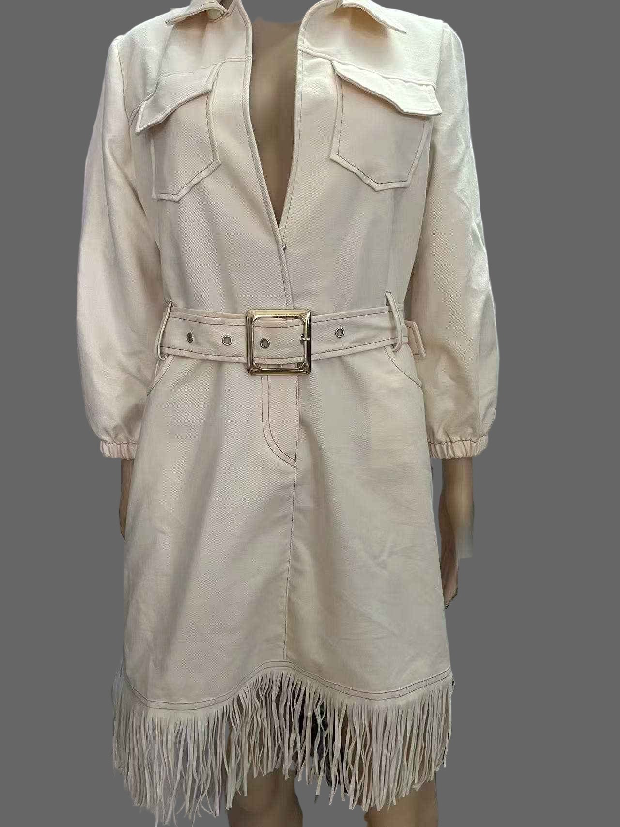 Western V-neck Long-sleeved Mini Dress with Fringe