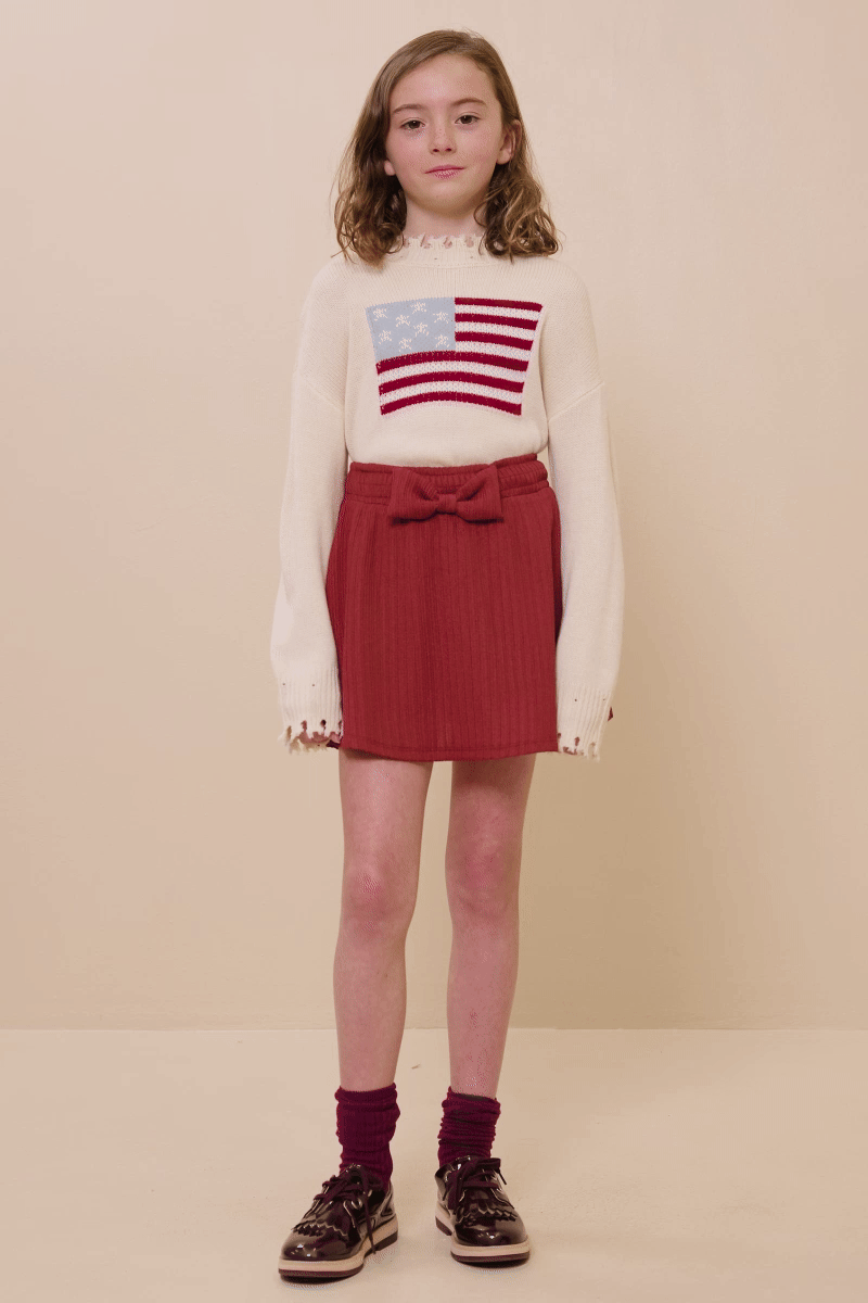 Girls Ribbed Knit Elastic Waist Skirt with Bow