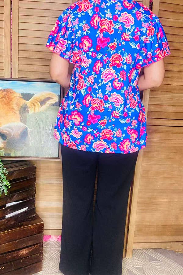Floral Blue Ruffle Bell Sleeve Top