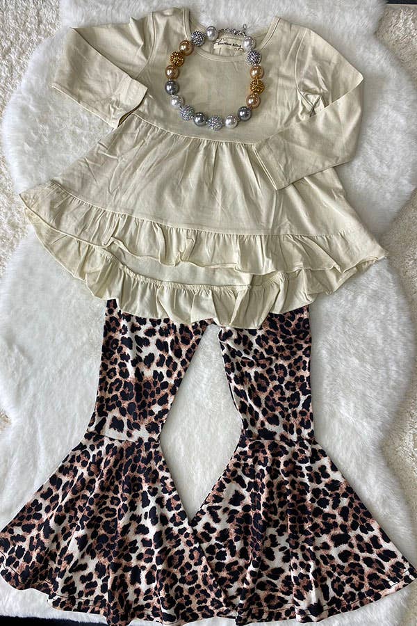 Beige High-Low Top and Leopard Pant Girls Set
