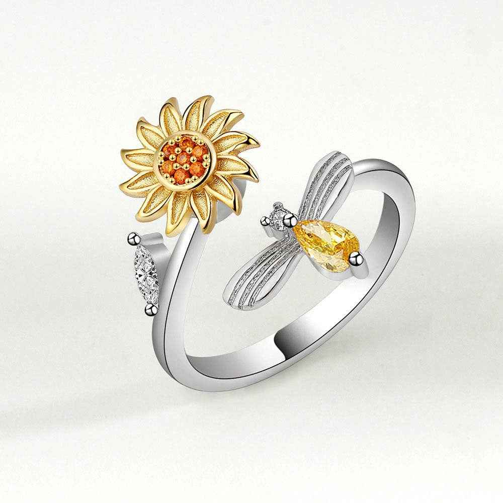 Sunflower Anxiety Fidget Spinner Ring in 925 Sterling Silver