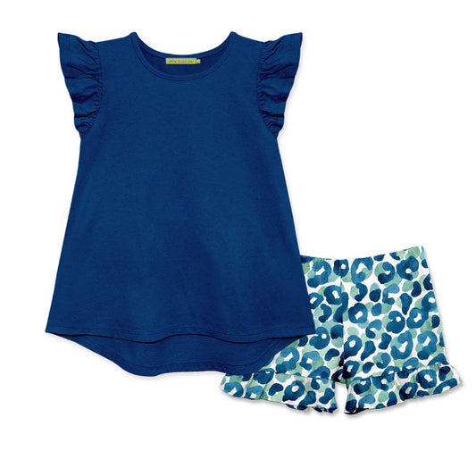 Angel-Sleeve Top & Leopard Short Set, short set, girls, leopard, navy, leopard, print, 
