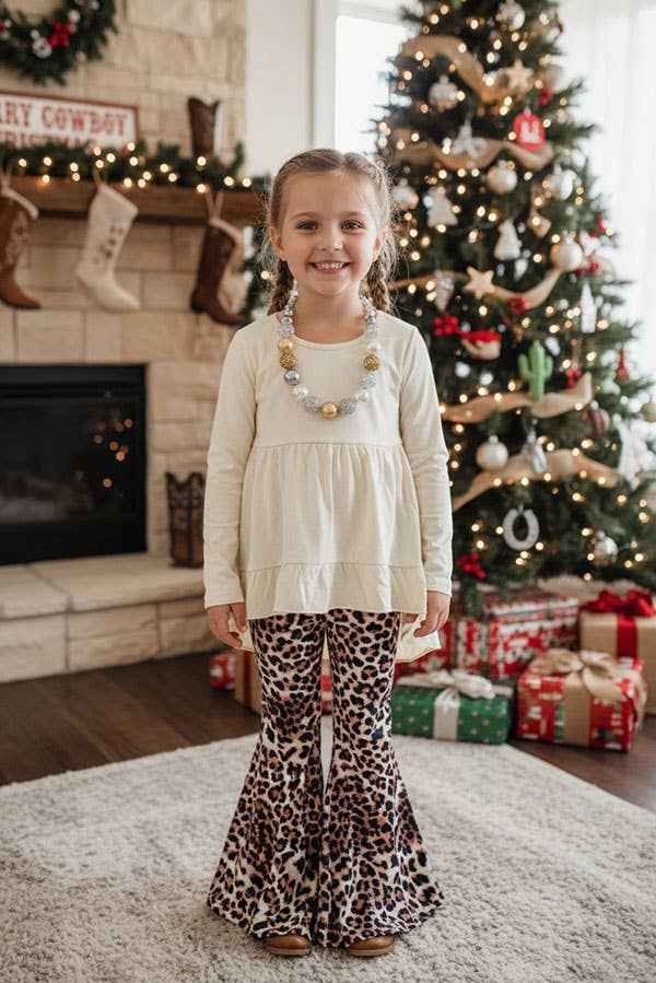 XCH0024-13H Beige high-low top leopard pant girls sets