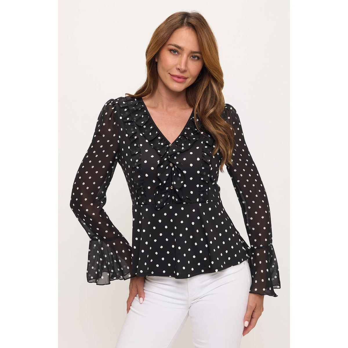 Bell Sleeve Polka Dot Peplum Top, blouse, shirt, polka dot, women