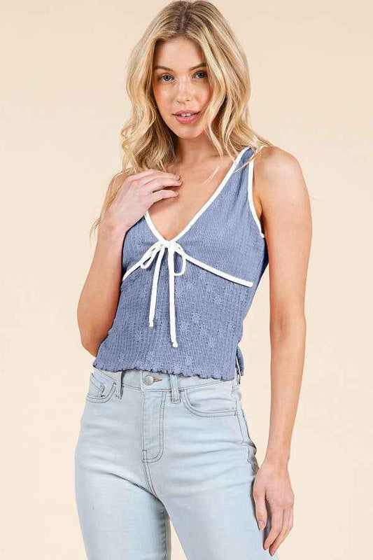 Blue Binding Merrow Stitch Cami, cami, blue, binding merrow stitch, LK54351 - BINDING MERROW W/BOW SLEEVELESS TOP