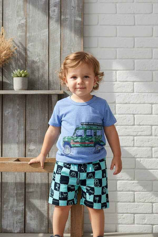 Car printed grey top & checkered shorts boy set 250945M