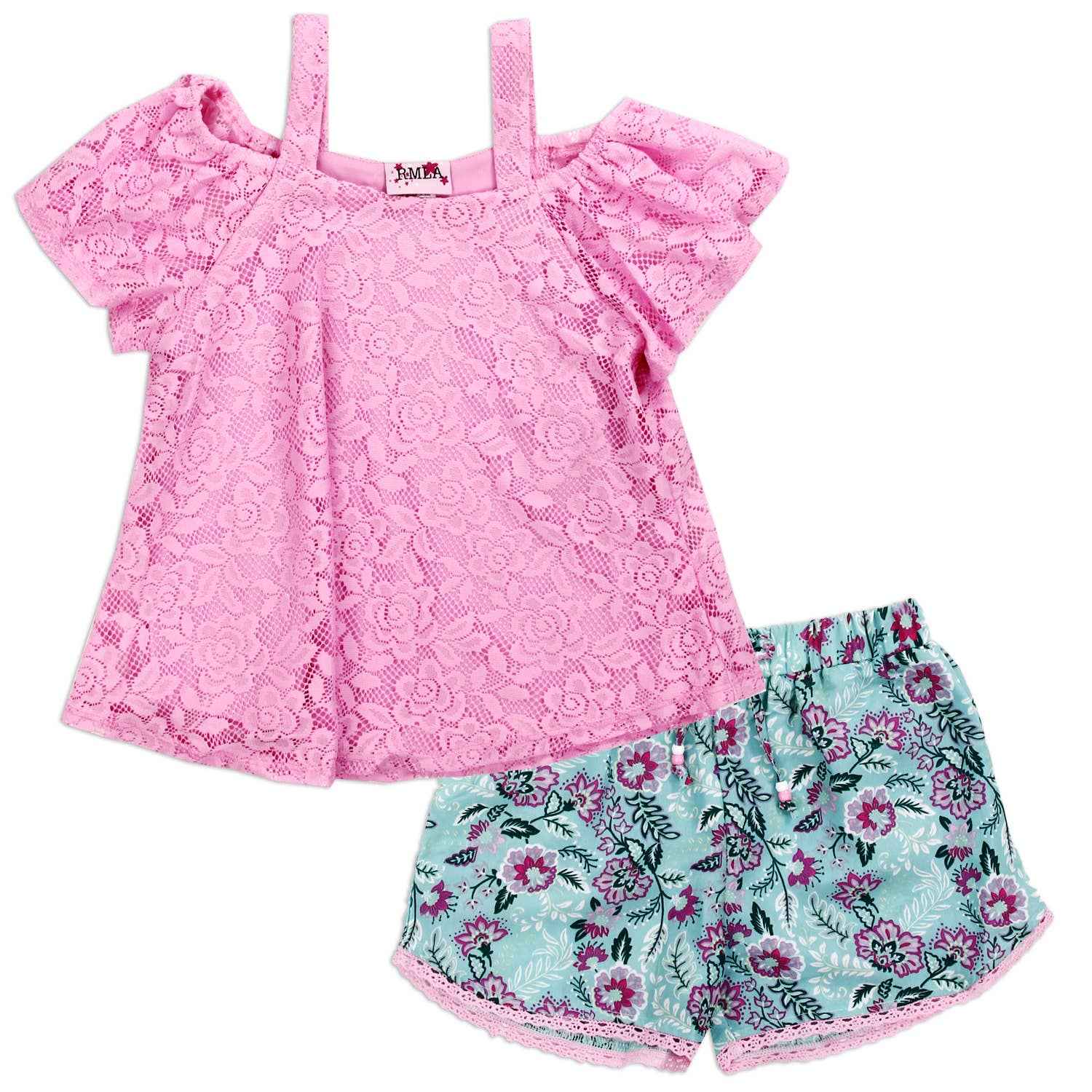 DUCHESS Girls 2-Piece Short Set, shorts, short set, girls, lace, pink, flowers, outfit, DUCHESS 4-6X Girls 2-Piece Short Set