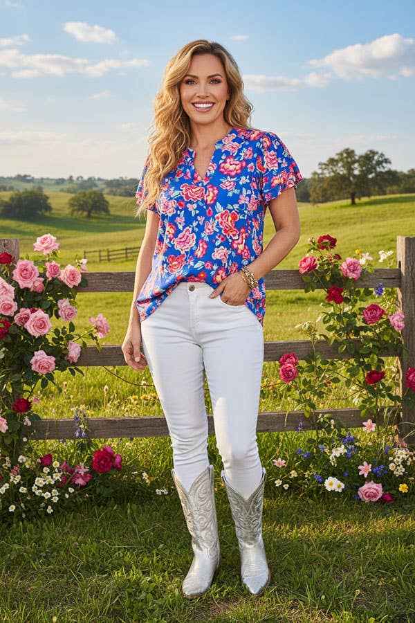 Floral printed blue ruffle bell sleeve women's top GJQ16191