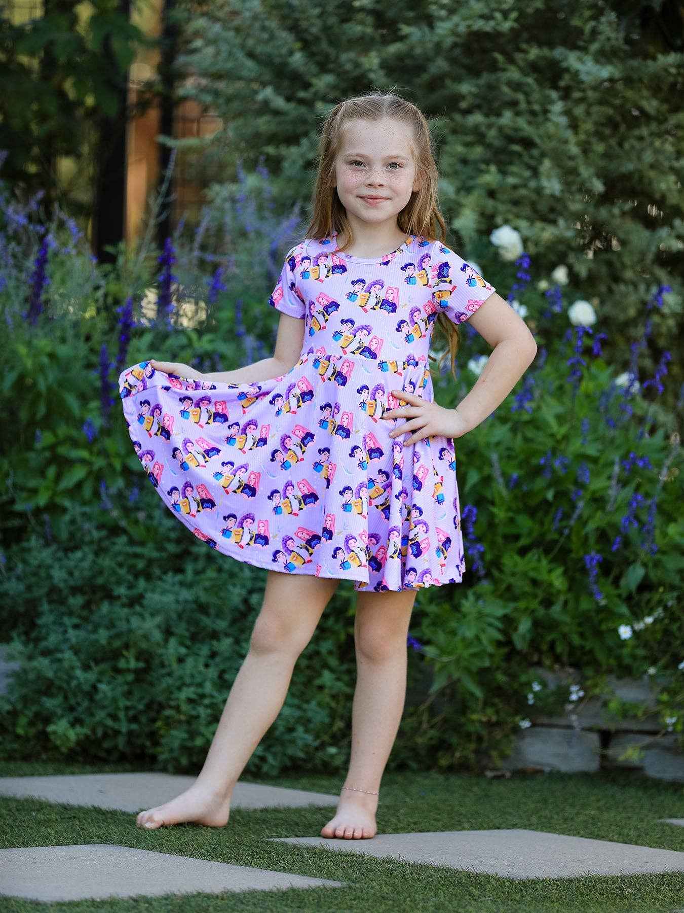 Girls K-Pop Dress, Girls Purple Print Short Sleeve Twirl Dress, K-Pop, dress, purple