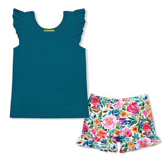 Girls Teal Top & Flowering Shorts, shorts, girls, floral, teal, top, ruffles, sleeveless, cute