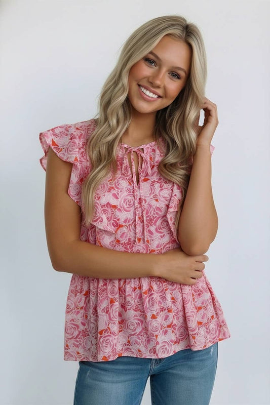 Keyhole Ruffle Babydoll Sleeveless Floral Blouse, Babydoll, Sleeveless, Pink, Floral, Top, Blouse, Keyhole, Beautiful