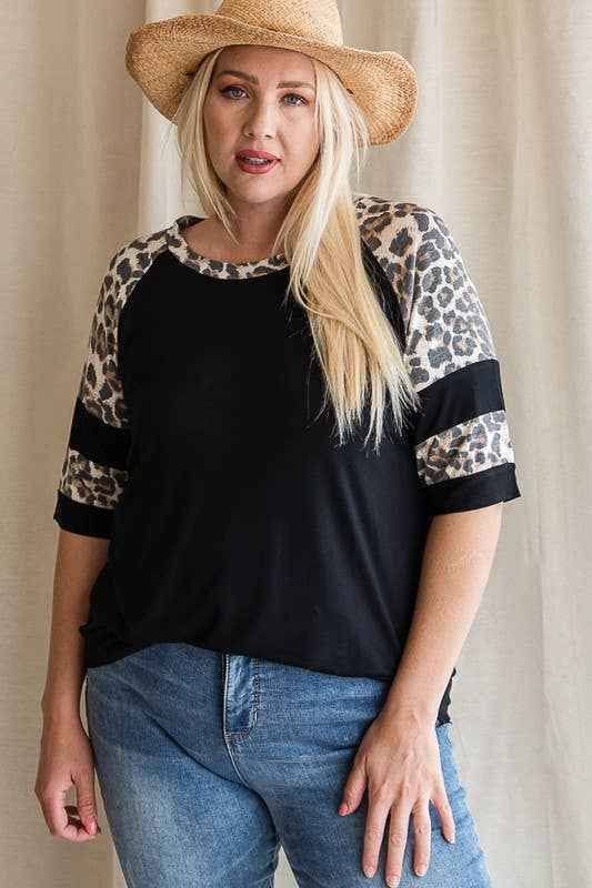 PLUS SIZE, Leopard Print Raglan Short Sleeve Top, leopard print, black, top, blouse, tee