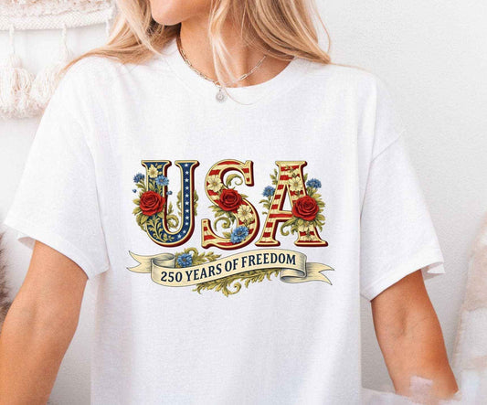 Patriotic USA 250th Anniversary Shirt, Floral, Freedom, USA, Tee, Tshirt, T-shirt