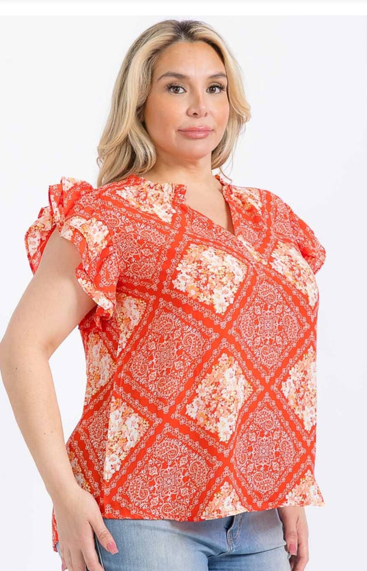 Plus Size Ruffle Sleeve Multi Print Blouse