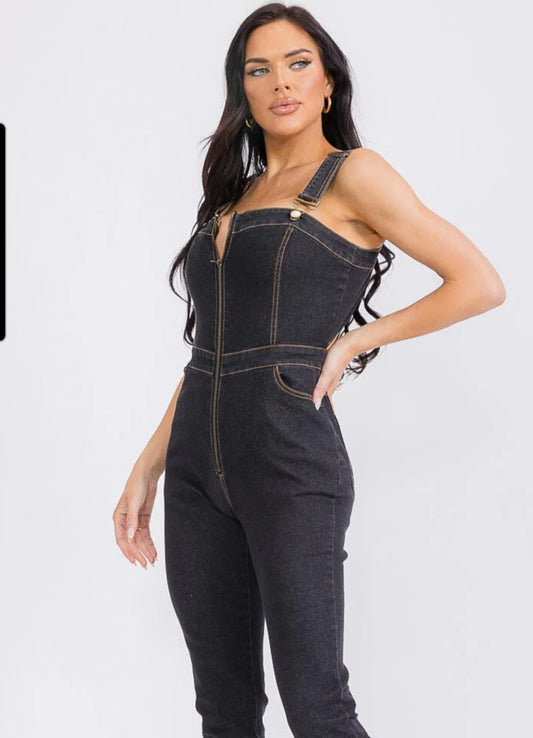 WOMEN'S SLEEVELESS ZIP UP FRONT POCKETS STRETCH DENIM JUMPSUIT