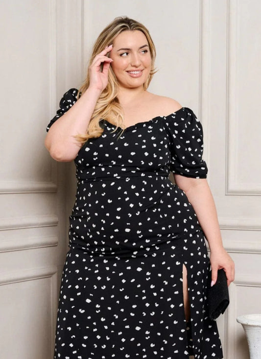 PLUS SIZE SHORT SLEEVE SIDE SLIT MIDI DRESS