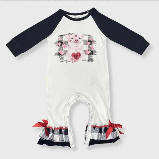 Hearts Plaid Pig white romper