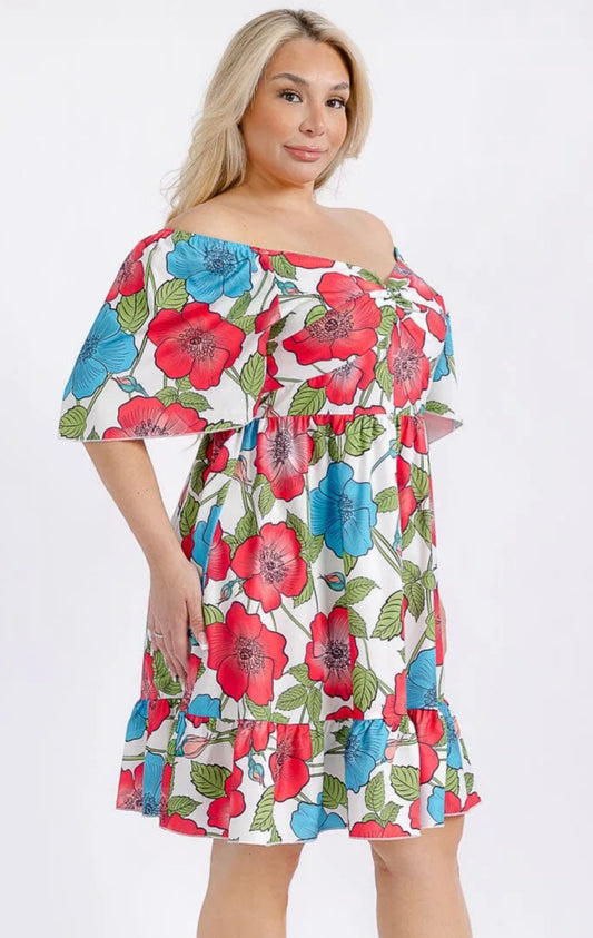 Plus Size Floral Fit and Flare Midi Dress