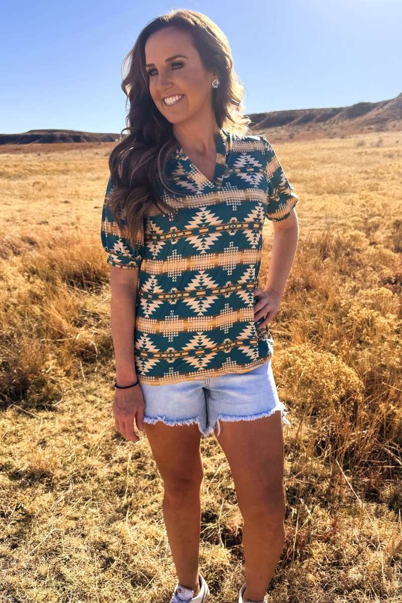 Sterling Kreek Turquoise Twist Aztec Top, Sterling Kreek, Top, Aztec, Women's, Turquoise