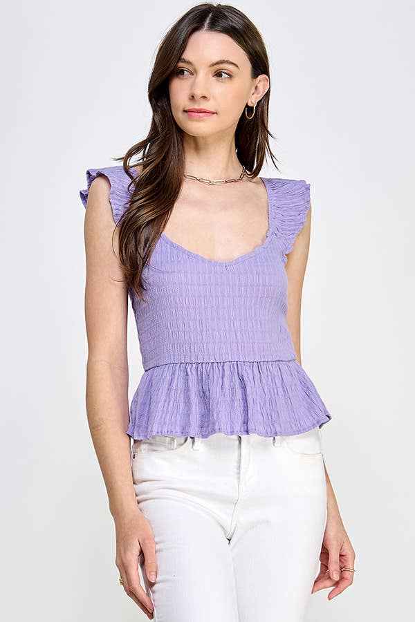 Sweetheart Neckline Cami, lavendar, lilac, cami, WK49010 - SWEET HEART NECK LINE SMOCKED WOVEN FLUTTER SHOULD