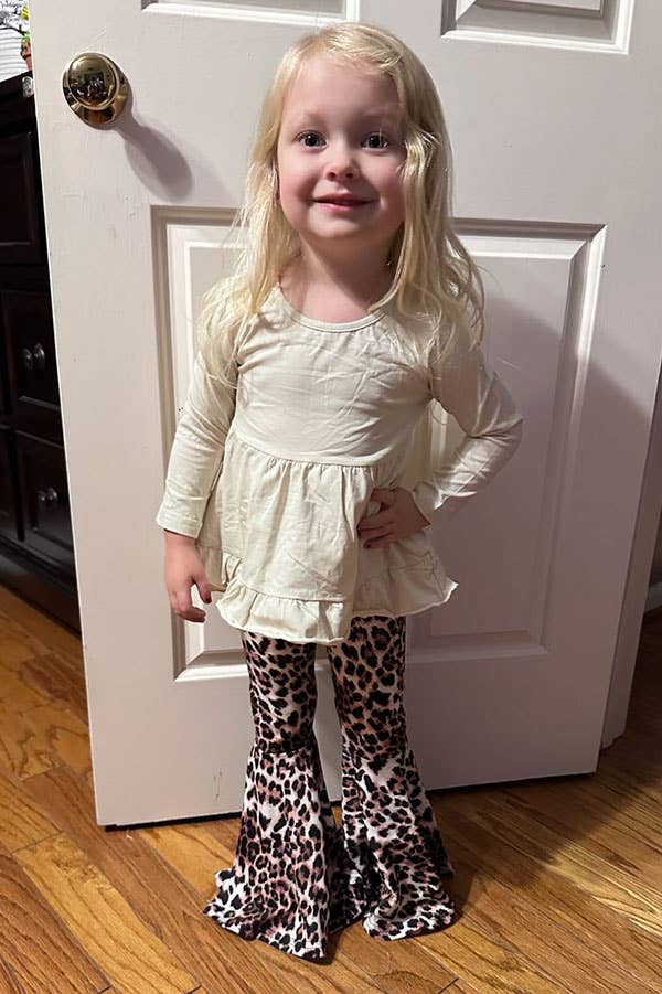 Beige High-Low Top and Leopard Pant Girls Set