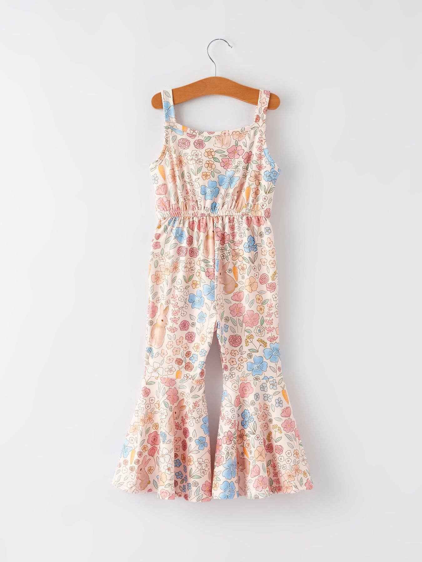 Easter Bunny Floral Print Girls Sling Flared Jumpsuit
