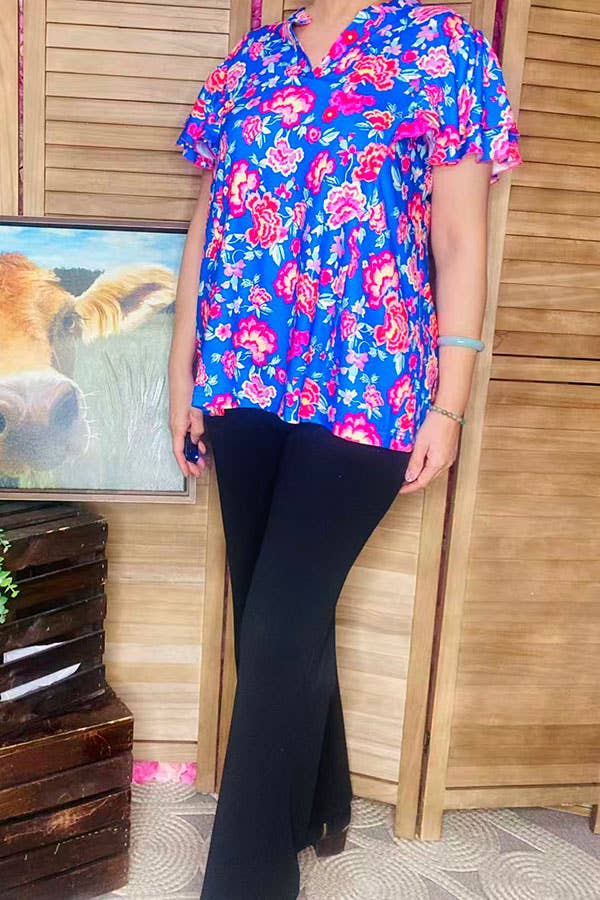 Floral Blue Ruffle Bell Sleeve Top