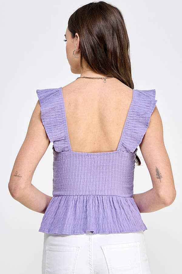 WK49010 - SWEET HEART NECK LINE SMOCKED WOVEN FLUTTER SHOULD