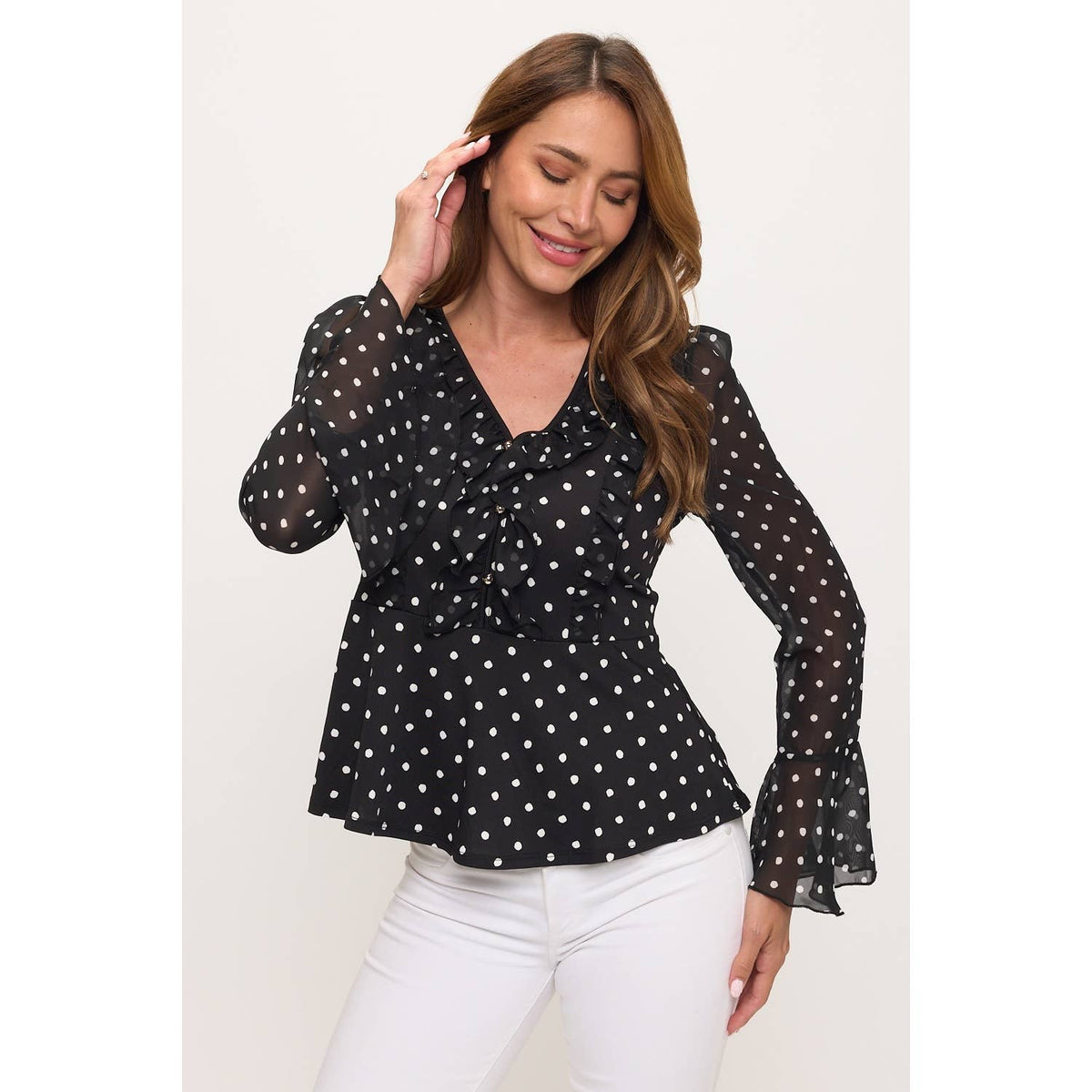 Bell Sleeve Polka Dot Peplum Top