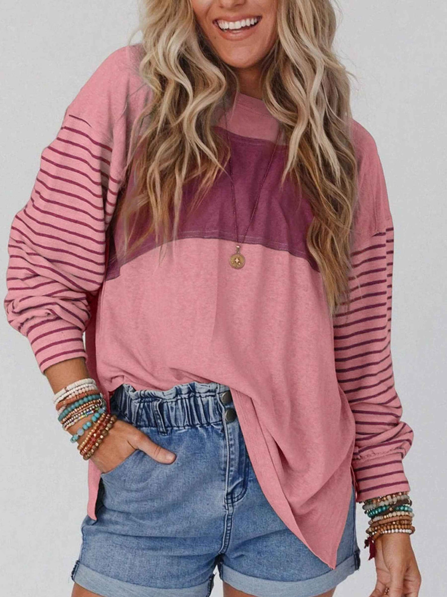 Round Neck Casual Striped Contrast Long Sleeved T-shirt