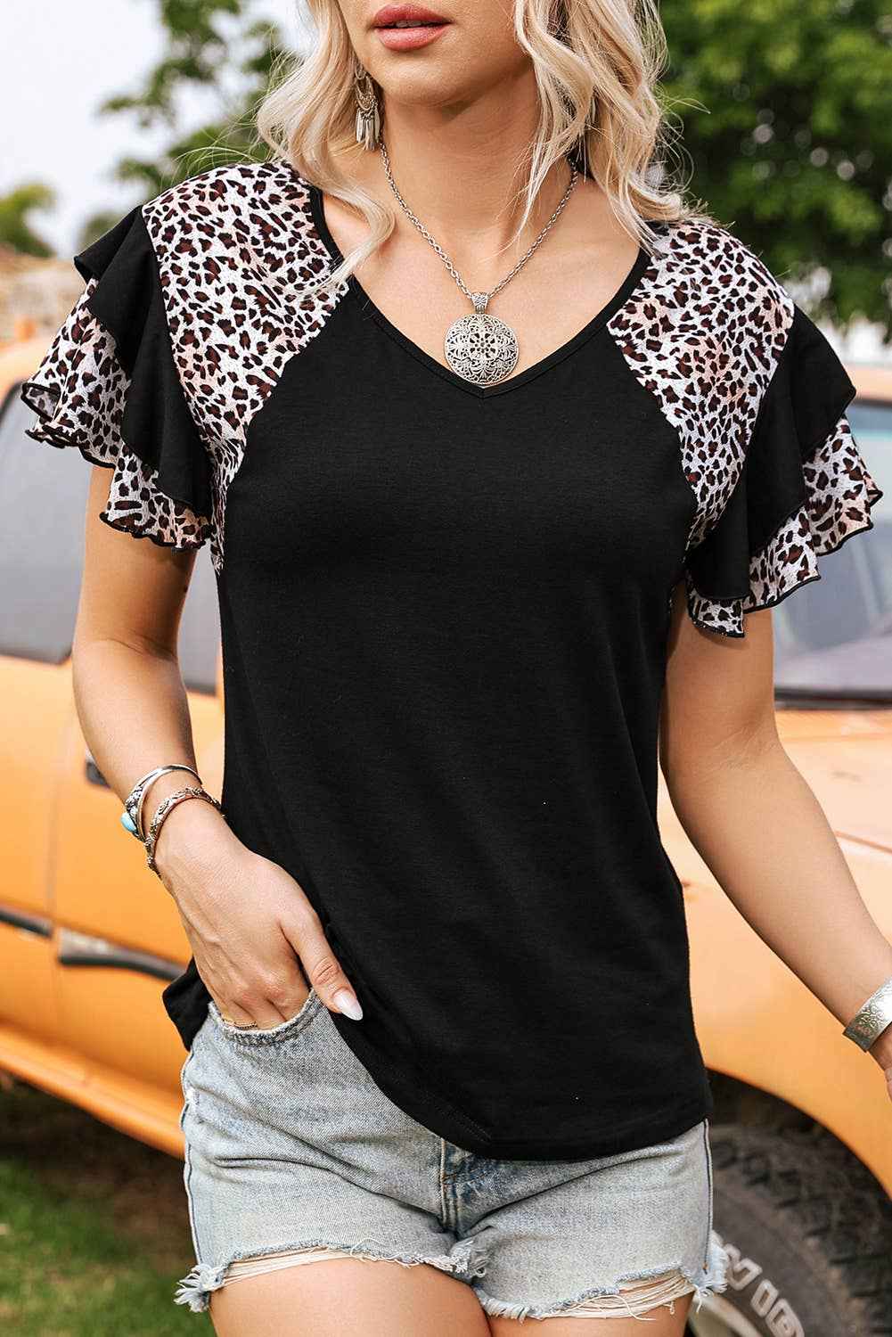 Western Leopard Patchwork Ruffled Sleeve T Shirt-Missy
