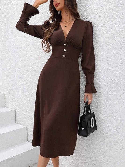 Solid Color V-neck Button Up Dress - Sweet and Sassy Boutique