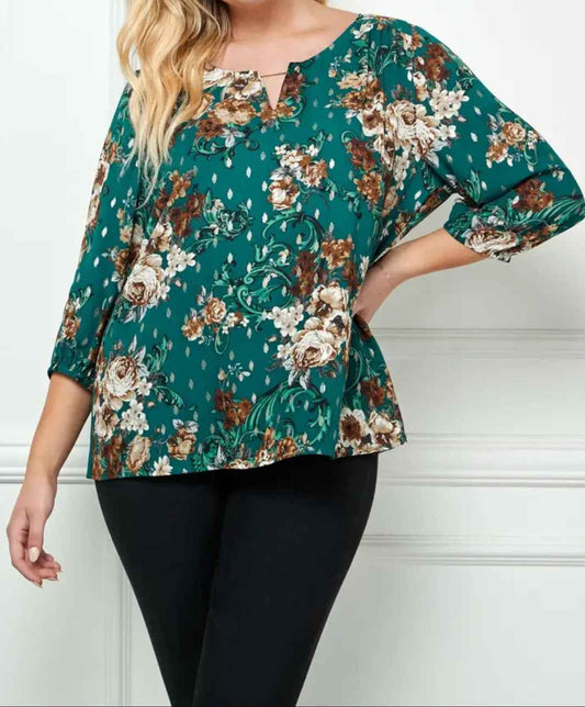 Plus Size Trim Neck Floral Blouse