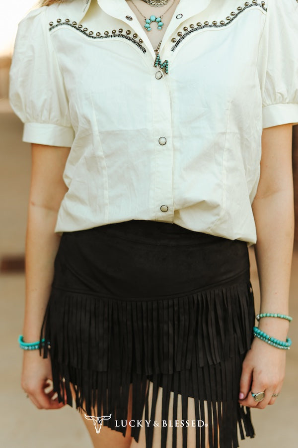 Lucky & Blessed Black Stretch Suede Fringe High Rise Skort
