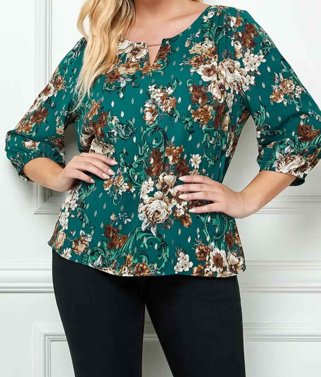 Plus Size Trim Neck Floral Blouse